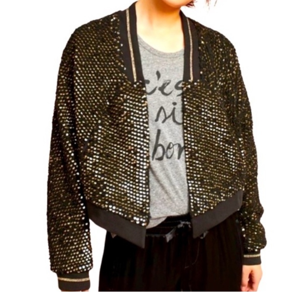 ett:twa Anthropologie Black &‎ Gold Sequin Jacket Size Small EUC